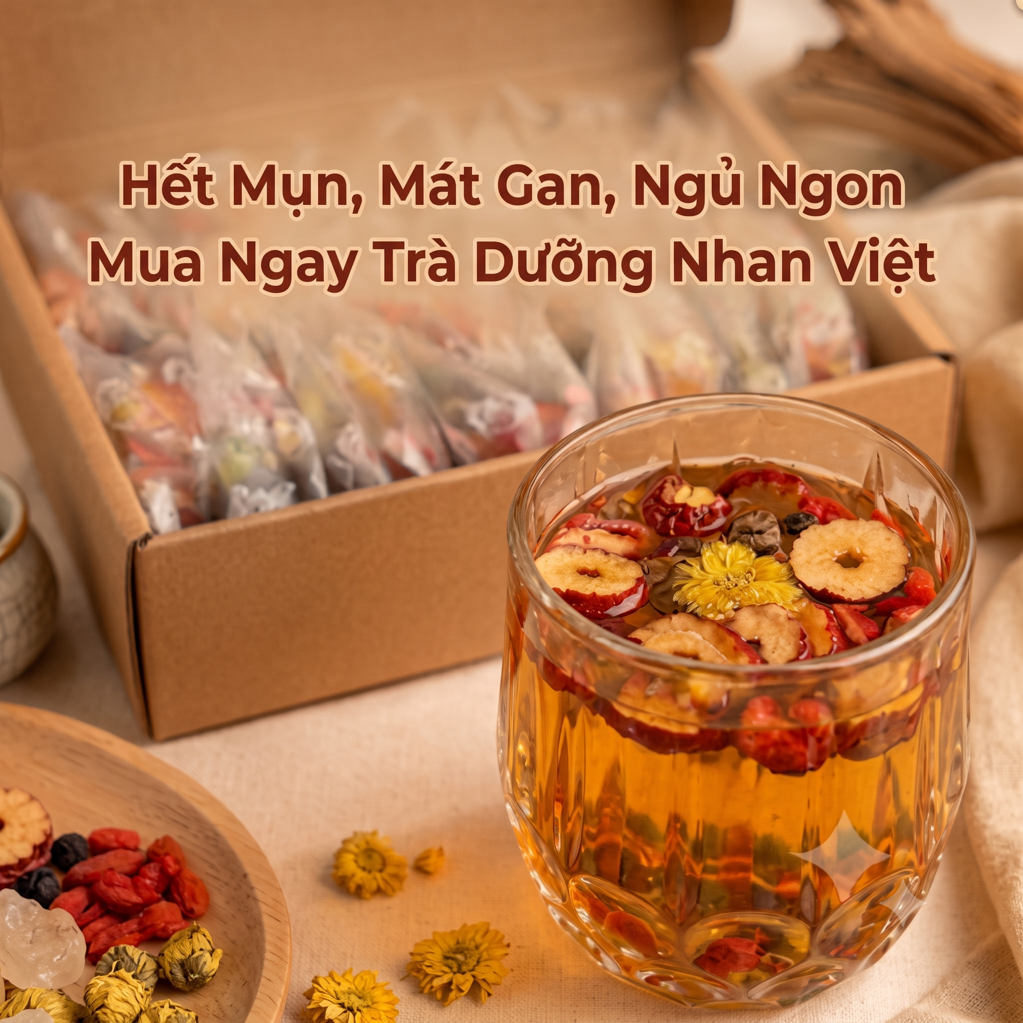 Trà Dưỡng Nhan Việt - công dụng: hết mụn, mát gan, ngủ ngon